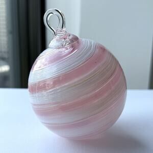 Glass Eye Studio Hand Blown Ornament Pink & White Swirl Globe GES Seattle 3.5”
